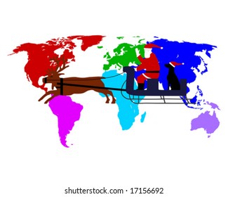 Santa Claus and dog on their reindeer sleigh high above the six continents