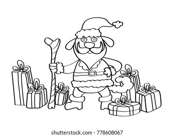 Santa Claus Dog with presents and gifts