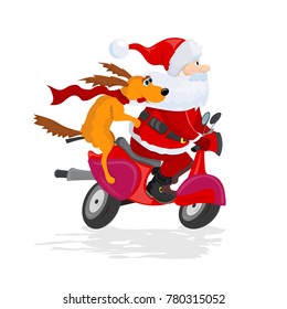 Santa Claus and dog ride the scooter. Greeting Christmas card 2018