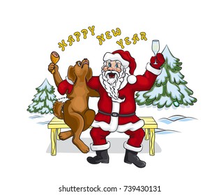 Santa Claus and the dog are singing. They sit on a bench. Against the background of the Christmas tree.