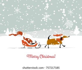 Santa Claus with dog, symbol of 2018. Christmas card