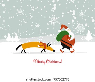 Santa Claus with dog, symbol of 2018. Christmas card