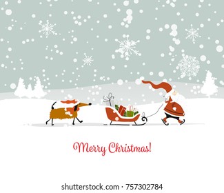 Santa Claus with dog, symbol of 2018. Christmas card