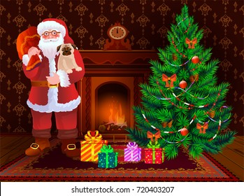 Santa Claus and dog wishes a Happy New Year and Merry Christmas. Living room interior with christmas tree and fireplace.