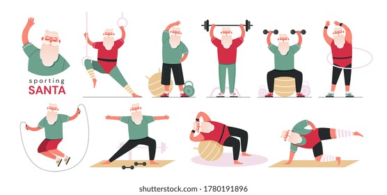 Santa Claus doing aerobic and fitness exercises in the gym, wearing red sport uniform, set of flat vector illustrations