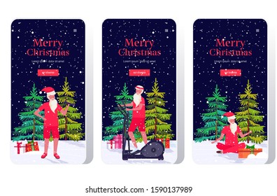 santa claus doing different exercises bearded man training workout concept christmas new year holidays celebration smartphone screens set online mobile app full length vector illustration