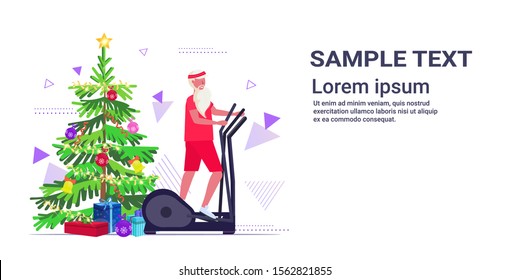 santa claus doing exercises on stepper treadmill bearded man training cardio workout healthy lifestyle concept christmas new year holidays celebration full length horizontal copy space vector