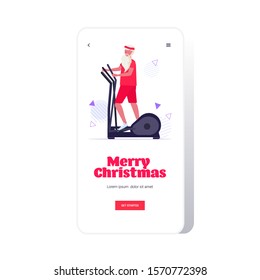santa claus doing exercises on stepper treadmill bearded man training cardio workout concept christmas new year holidays celebration smartphone screen online mobile app full length vector illustration