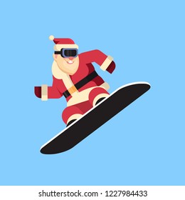 santa claus doing jump on snowboard happy new year merry christmas celebration concept flat blue background vector illustration