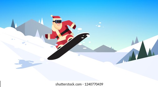 santa claus doing jump on snowboard happy new year merry christmas celebration concept flat snow mountains slopes horizontal