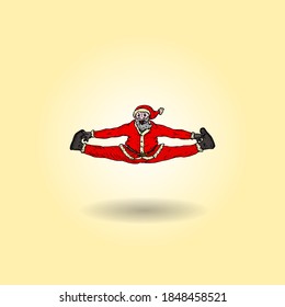 Santa Claus doing a jumping split for the concept of Christmas joy. Hand drawn vector illustration. 
