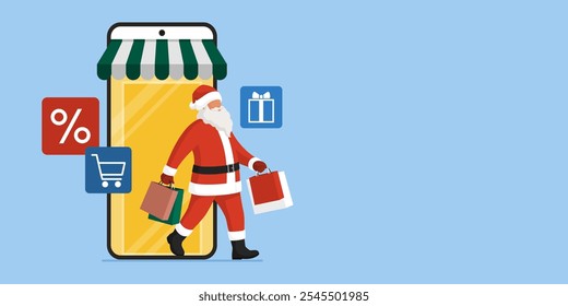 Santa Claus doing online shopping at Christmas, he is walking out of a virtual store in a mobile app on smartphone and holding many shopping bags with gifts