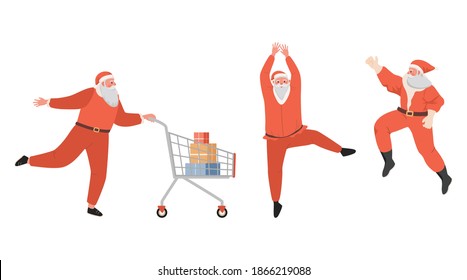 Santa Claus haciendo compras y disfrutando de la ilustración plana vectorial. Santa con carro de la compra, bailando Santa Claus y corriendo Claus. Conjunto de tres caracteres de Santa Claus aislados en fondo blanco.