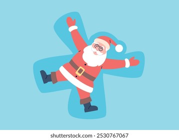 Santa Claus doing snow angel. Funny Christmas character play outdoor, xmas symbol. Winter holidays time, cartoon flat magic man vector scene