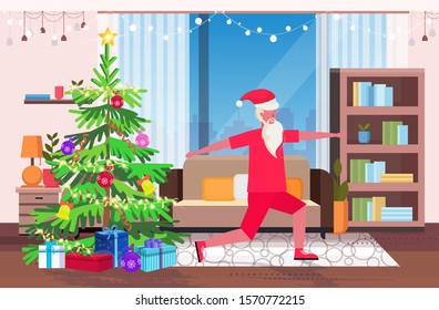santa claus doing squats exercises bearded man training workout healthy lifestyle concept christmas new year holidays celebration modern living room interior horizontal full length vector illustration