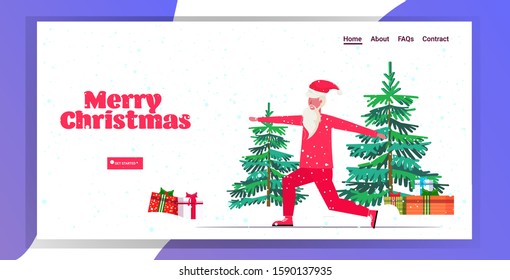 santa claus doing squats exercises bearded man training workout healthy lifestyle concept christmas new year holidays celebration snowfall background horizontal greeting card full length vector