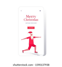 santa claus doing squats exercises bearded man training workout healthy lifestyle concept christmas new year holidays celebration smartphone screen online mobile app full length vector illustration