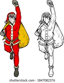 Santa Claus doing a superhero pose while straddling a sack of gift. Hand drawn vector illustration.