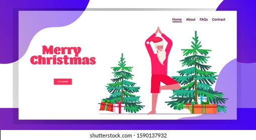 santa claus doing yoga exercises bearded man standing in tree position training workout concept christmas new year holidays celebration horizontal copy space greeting card full length vector