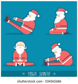 Santa claus doing yoga isolated blue red card.Vector Christmas card illustration for design