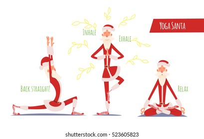 Santa Claus Doing Yoga Set. Vector Xmas Illustration. 3 Poses.