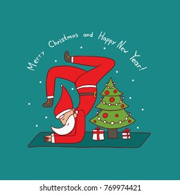 Santa Claus Doing Yoga. Vector Christmas Illustration. 