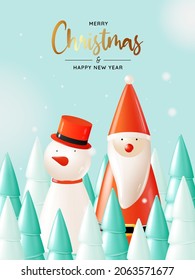 Santa claus doll in 3d realistic style with snow and christmas tree background vector illustration