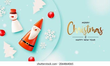 Santa claus doll in 3d realistic style with snow and christmas tree background vector illustration