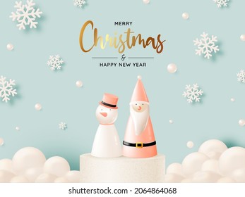 Santa claus doll in 3d realistic style with snow and christmas tree background vector illustration