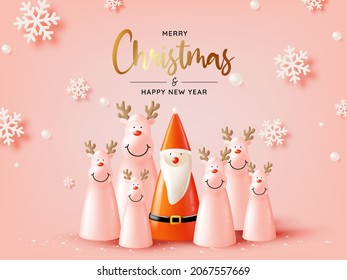 Santa claus doll in 3d realistic style with snow and christmas tree background vector illustration