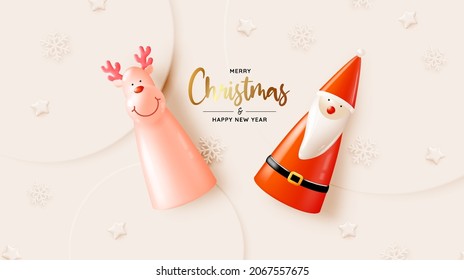 Santa claus doll in 3d realistic style with snow and christmas tree background vector illustration