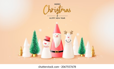 Santa claus doll in 3d realistic style with snow and christmas tree background vector illustration