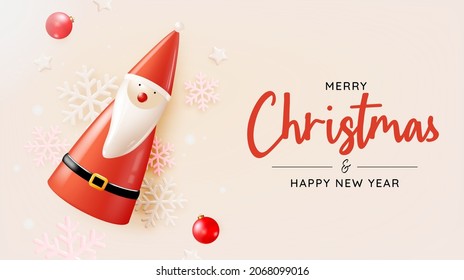 Santa claus doll in 3d realistic style with snow and christmas tree background vector illustration