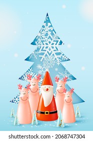 Santa claus doll in 3d realistic style with snow and christmas tree background vector illustration