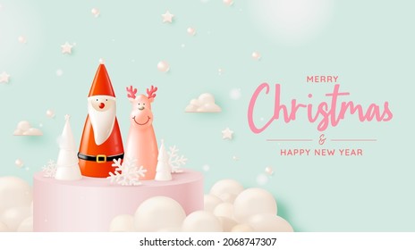 Santa claus doll in 3d realistic style with snow and christmas tree background vector illustration