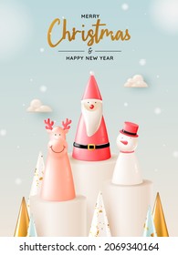 Santa claus doll in 3d realistic style with snow and christmas tree background vector illustration