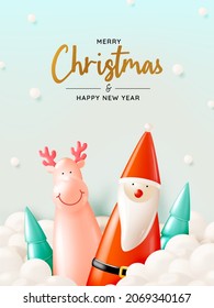 Santa claus doll in 3d realistic style with snow and christmas tree background vector illustration
