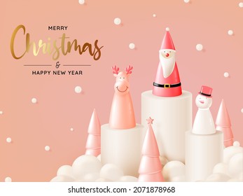 Santa claus doll in 3d realistic style with snow and christmas tree background vector illustration