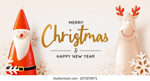 Santa claus doll in 3d realistic style with snow and christmas tree background vector illustration