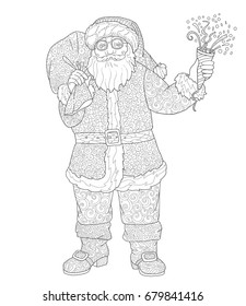 Santa Claus doodle cartoon with bag of gifts and petard page for coloring book. Vector illustration on white background.