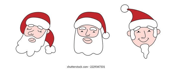 Santa Claus doodle faces set,Christmas or New Year festive characters,social media fairy avatars.Use for holiday postcards,posters,banners,calendars.Doodle cartoon flat style.Editable stroke.Isolated