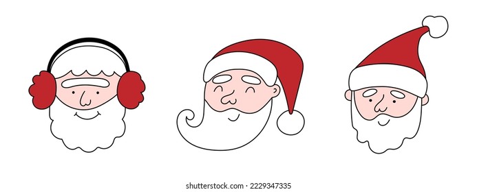 El doodle de Santa Claus se enfrenta a un set, personajes festivos de Navidad o Año Nuevo, avatares de hadas en los medios sociales.Usa postales de vacaciones, afiches, pancartas, calendarios.Dibujo de dibujos animados de estilo plano.Acto editable.Aislado