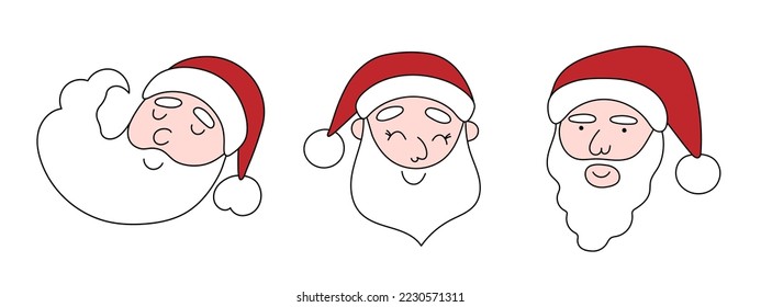 Santa Claus doodle faces set,Christmas or New Year festive characters,social media fairy avatars.Use for holiday postcards,posters,banners,calendars.Doodle cartoon flat style.Editable stroke.Isolated