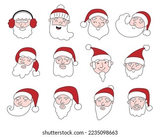 Santa Claus doodle faces set,Christmas or New Year festive characters,social media fairy avatars.Use for holiday postcards,posters,banners,calendars.Doodle cartoon flat style.Editable stroke