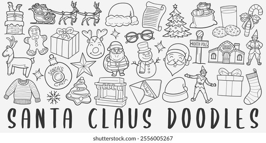 Santa Claus doodle icon set. Christmas Holidays Vector illustration collection. North Pole Banner Hand drawn Line art style.