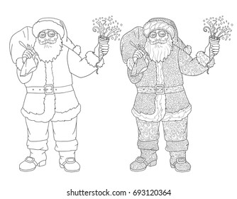 Santa Claus doodle and line cartoon with bag of gifts and petard page for coloring book. Vector illustration on white background.