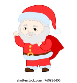 Santa Claus doodle vector illustration on white. Christmas symbol icon. Cute Santa Claus and gift bag waving hand. Santa character cartoon drawing. Happy New Year greeting card. Winter holiday clipart