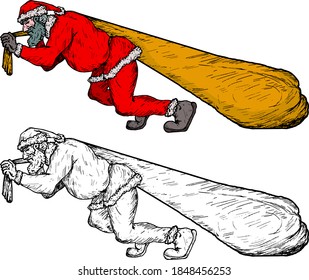 Santa Claus dragging a sack of Christmas gifts over his shoulder. Hand drawn vector illustration.