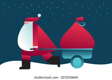 Santa Claus drags a huge and heavy sack with gifts on his wheelbarrow. Christmas concept. Vector illustration in modern style