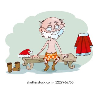 Santa Claus is dressed for the holiday. An old man in socks sitting on a wooden bench next to a hat and boots.